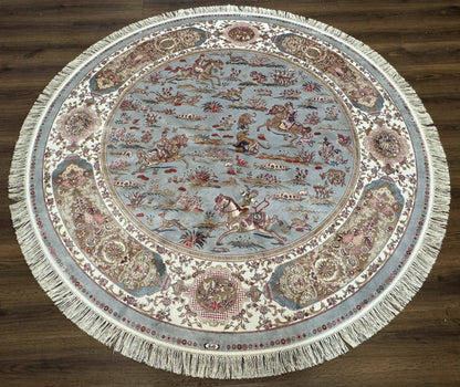 Round Silk Rug 6x6, Hunting Design, Bamboo Silk, Animal Pictorials