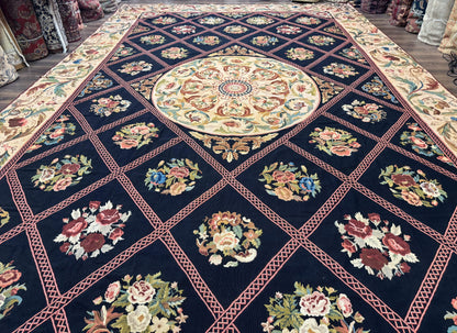 Palace Size Needlepoint Rug 12x20, European French English Aubusson Floral Design, Black and Beige