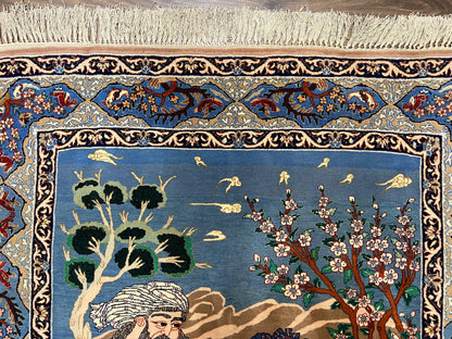 Fine Persian Isfahan Pictorial Rug 3.7 x 5, Kork Wool on Silk Foundation, Blue Persian Carpet, Hand Knotted, Humans Birds, High KPSI, Semi Antique