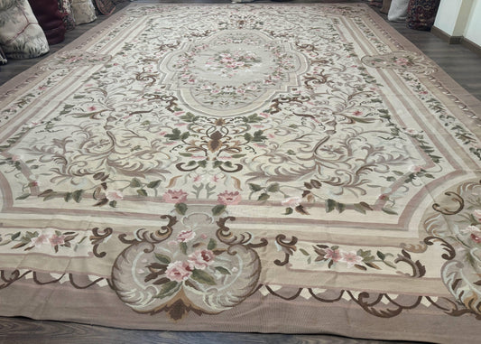 Palace Sized Aubusson Rug 13 x 20, Flatweave Aubusson Weave, Oversized Rug, European French Elegant Design