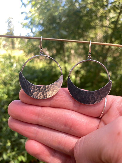 Crescent Moon Hoop Earrings in Sterling Silver | Moon Phase Earrings