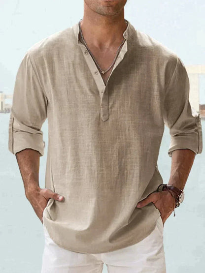 Collared V-Neck Linen Shirt