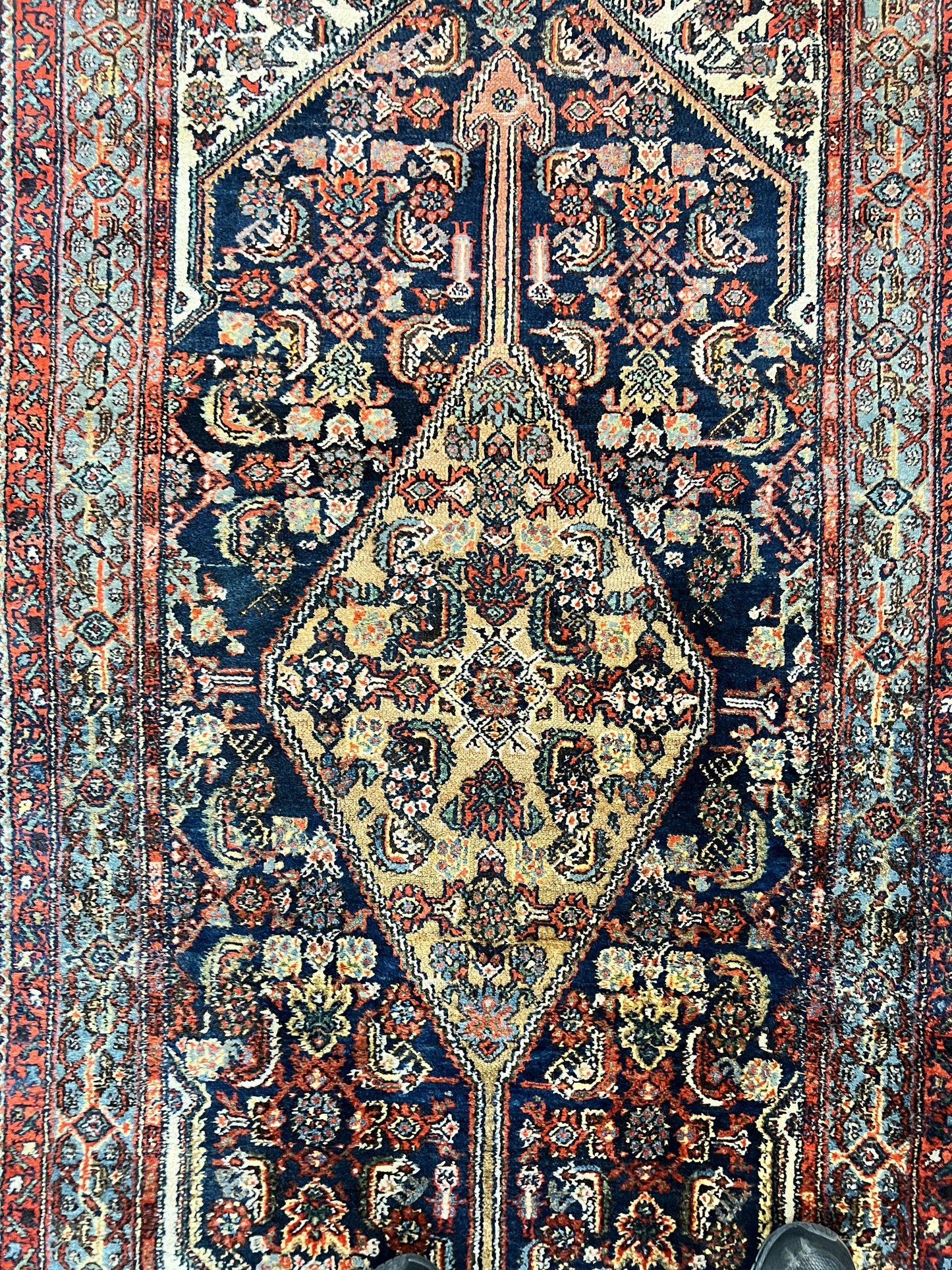 Antique Persian Runner Rug 3.7 x 15.8, Navy Blue Multicolor, Hand Knotted Handmade Wool Rug for Hallway, Geometric Medallions, Persian Hamadan Rug