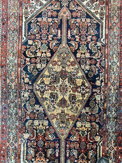 Antique Persian Runner Rug 3.7 x 15.8, Navy Blue Multicolor, Hand Knotted Handmade Wool Rug for Hallway, Geometric Medallions, Persian Hamadan Rug
