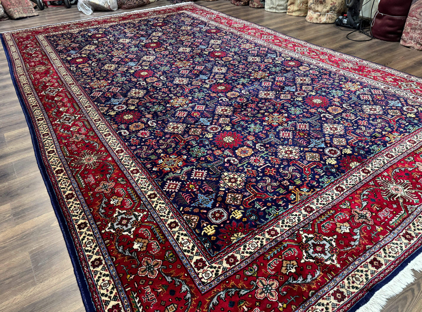 Large Persian Tabriz Rug 10x16, Navy Blue and Red, Allover Pattern, Vintage Hand Knotted Wool Carpet