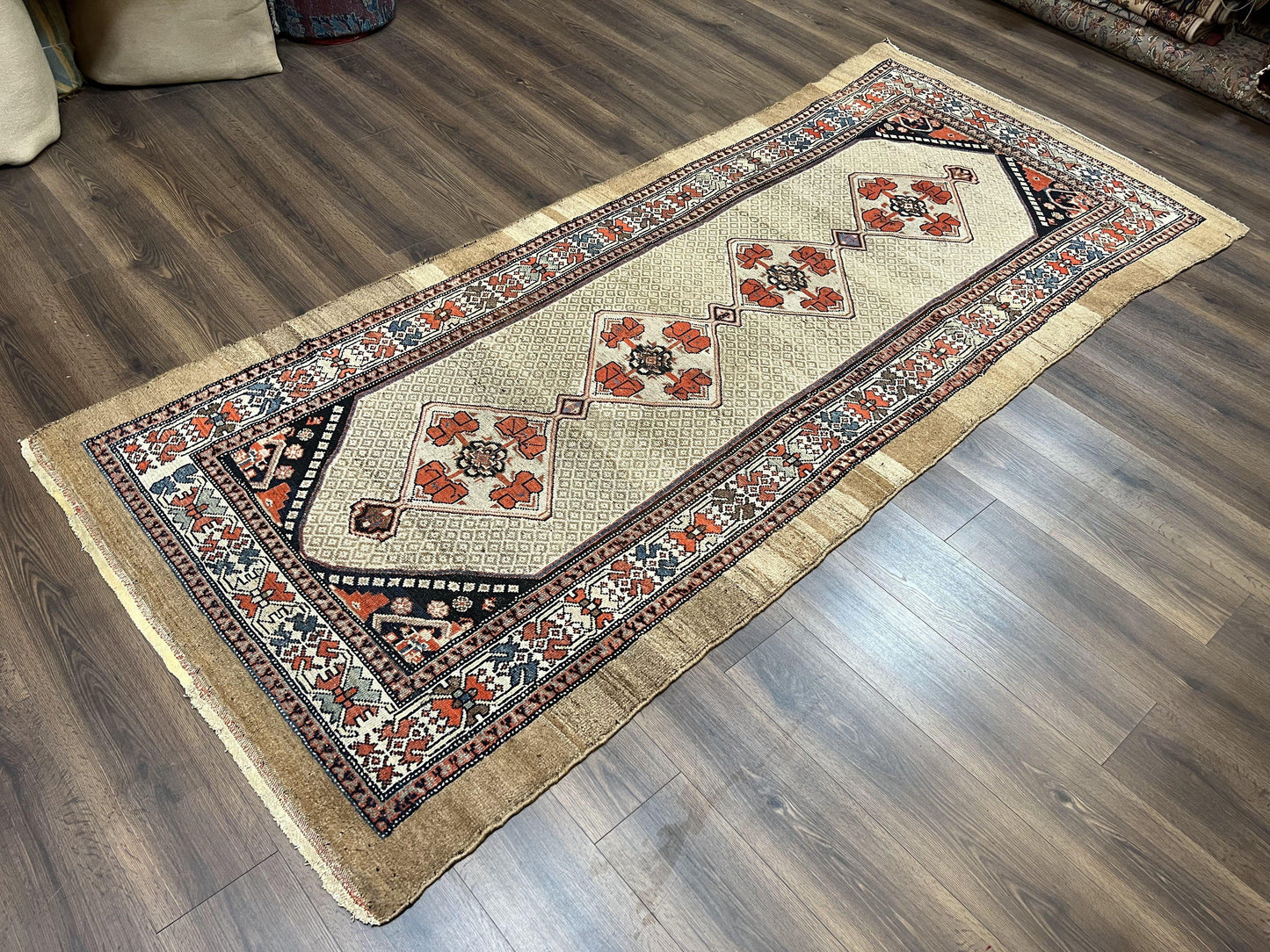 Rare Persian Sarab Tribal Runner Rug 4 x 10, Antique, Geometric Medallions, Camel Hair Runner