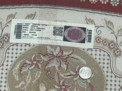 Large Round Turkish Silk Rug 8x8, Hunting Design, Dark Red & Ivory, Bamboo Silk