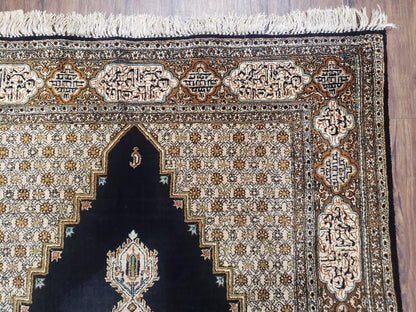 Persian Silk Qum Rug, Silk on Silk, Black Golden Brown and Beige, Hand-Knotted, 3'6" x 5' 5"