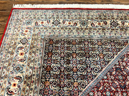 Square Indo Persian Bidjar Rug 10x10, Red, Handmade Vintage Wool Carpet