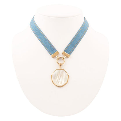 Blue Denim Dreams White Mother of Pearl Ribbon Golden Pendant Necklace