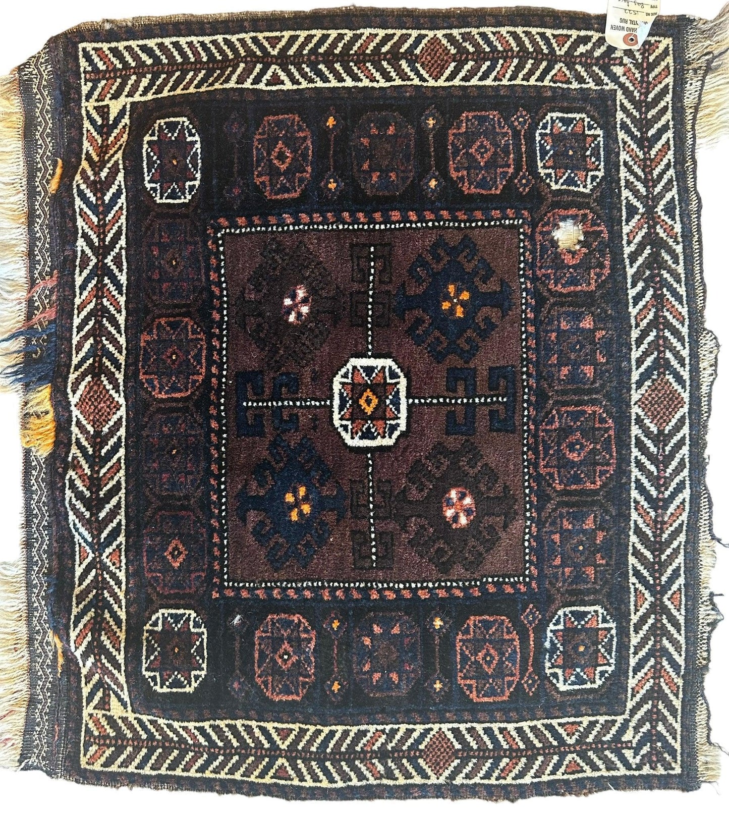 Sac en laine afghane baloutche vintage noué à la main usé, face 29” x 25”