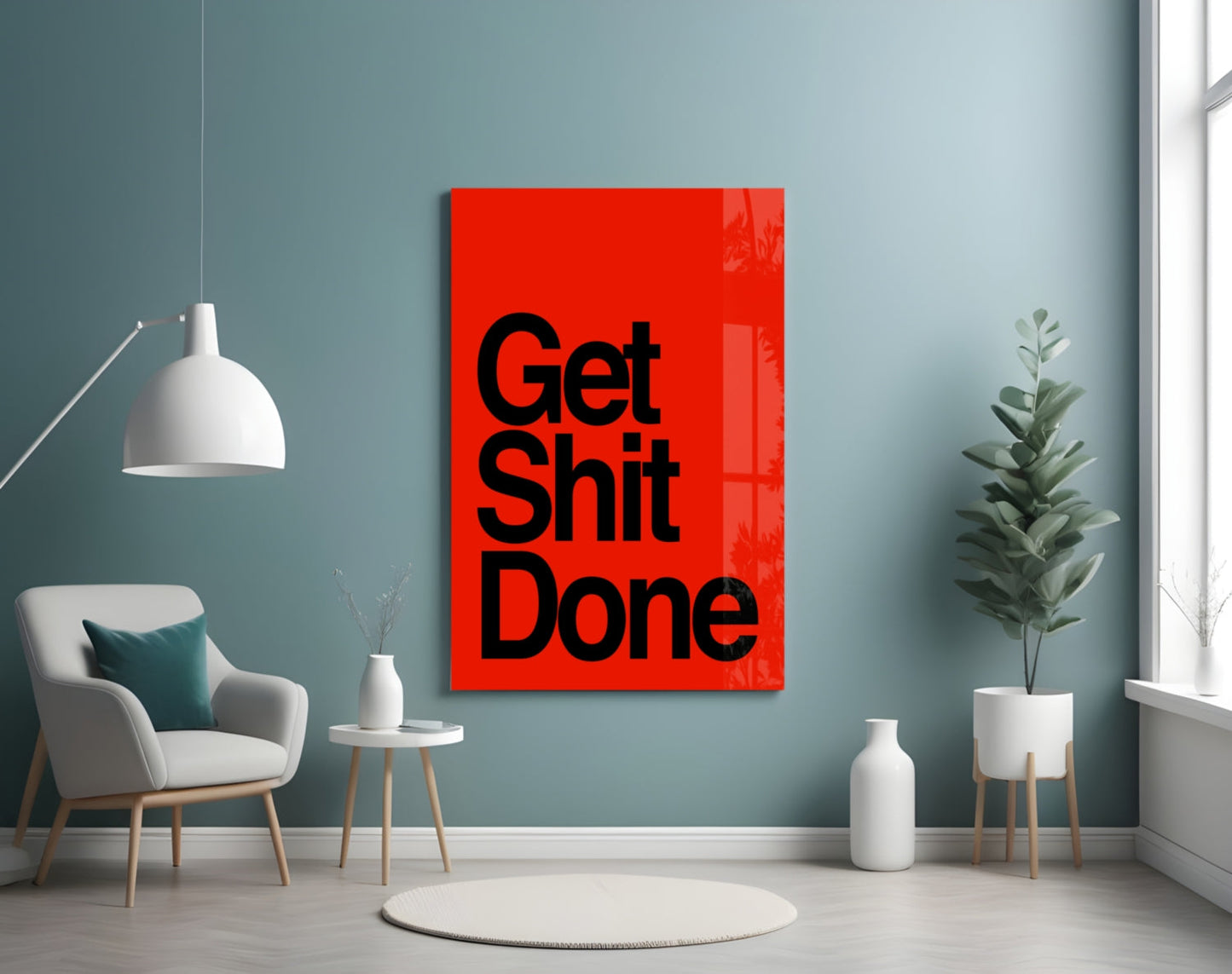 Arte de pared de vidrio rojo audaz "Get Shit Done"