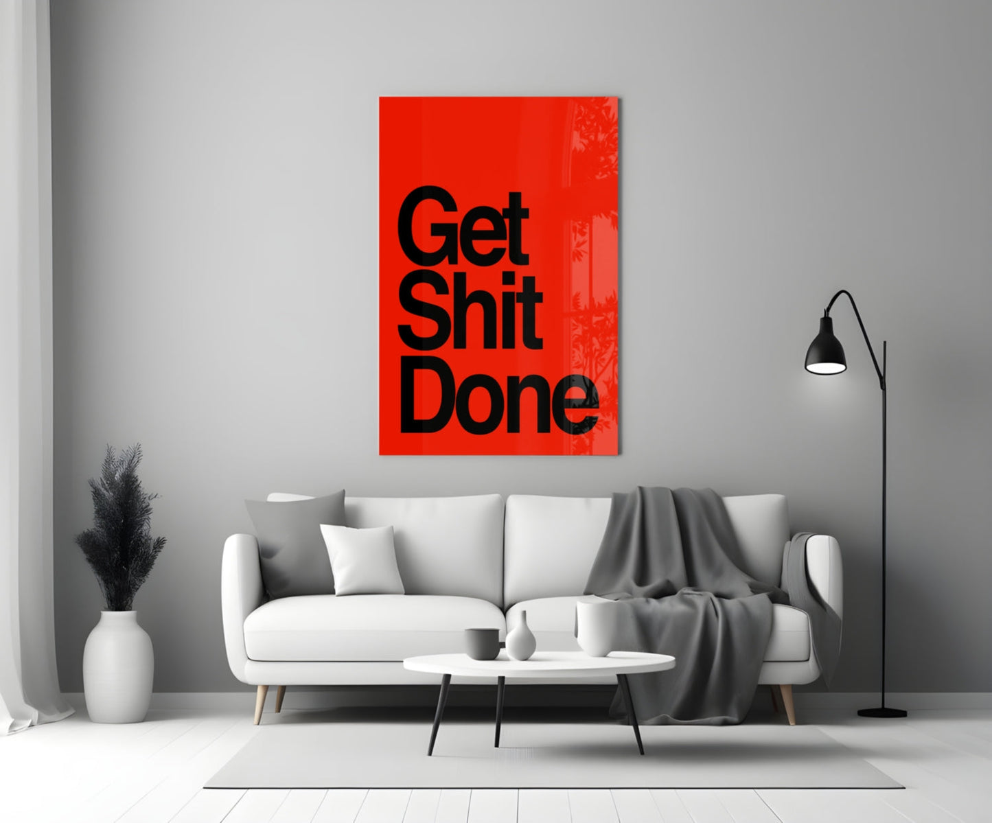 Arte de pared de vidrio rojo audaz "Get Shit Done"