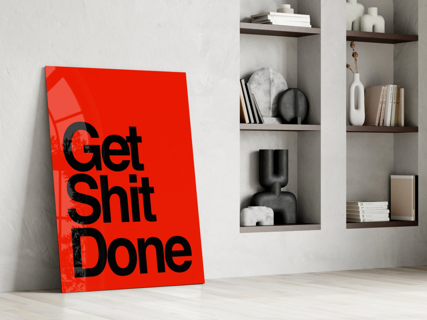 Arte de pared de vidrio rojo audaz "Get Shit Done"