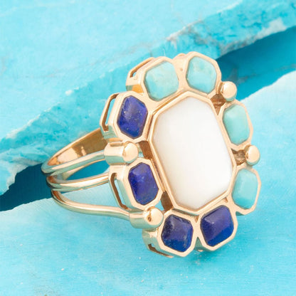 Dual Color Blue Lapis Turquoise and White Mother of Pearl Golden Ring