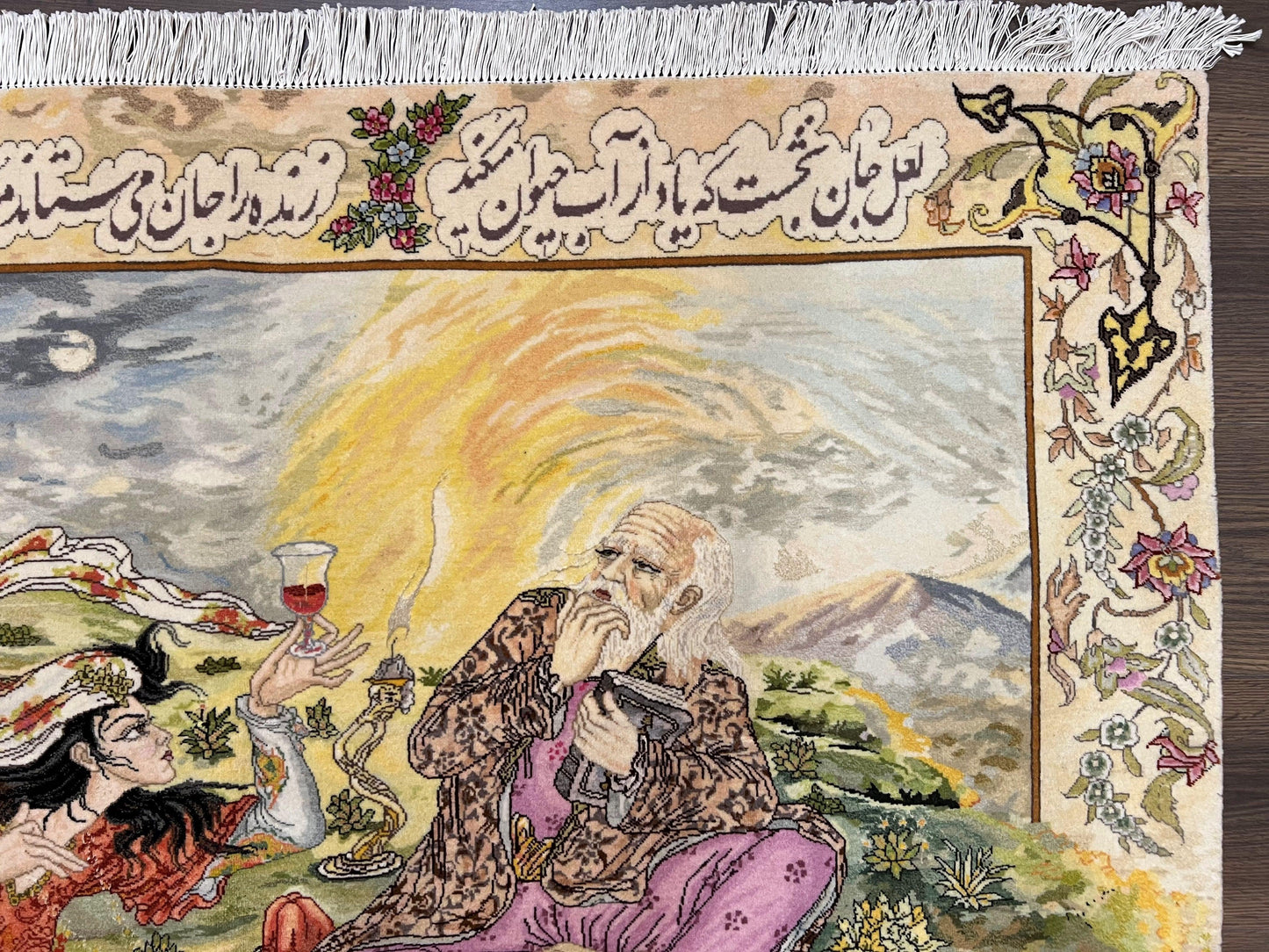 Persian Tabriz Pictorial Rug 5x3, Hafez Poetry In Border, Very Fine Hand Knotted Carpet, Wall Hanging Wool Oriental Carpet 3x5, Highly Detailed