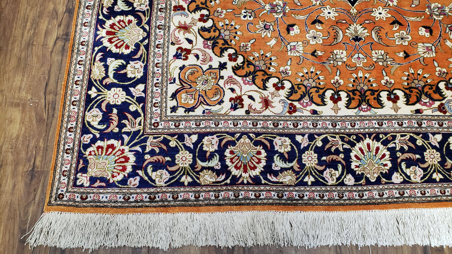 Vintage Persian Qum Silk Rug 4.6 x 6.7, Burnt Orange and Navy Blue, Antique Oriental Very Fine Signature Master Weaver 350+ KPSI Ghom Qom 5x7 Rug