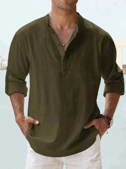 Collared V-Neck Linen Shirt
