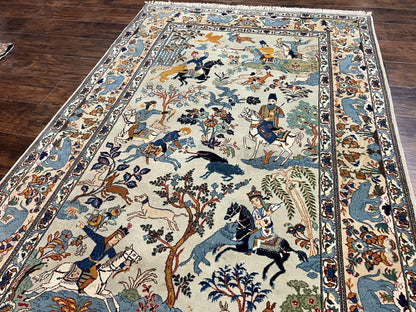 Persian Kashan Pictorial Rug 4.6 x 7, Hunting Scene, SIgned by Masterweaver, Animal Pictorials, Rare, Handmade, Wool, Vintage, Very Fine