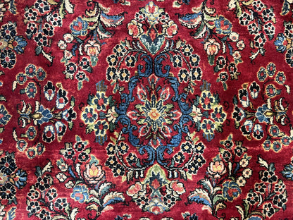 Rare Persian Almost Square Rug 6.3 x 5.3, Hand Knotted Wool Antique 1920s Sarouk Oriental Carpet, Red Navy Blue Beige, Floral Allover, 5x6 Area Rug