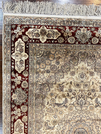 Silk Indian Kashmiri Rug 4x6 ft, Floral Medallion Hand Knotted Handmade Oriental Carpet, Vintage, Cream Burgundy, Very Fine Silk Rug 4 x 6
