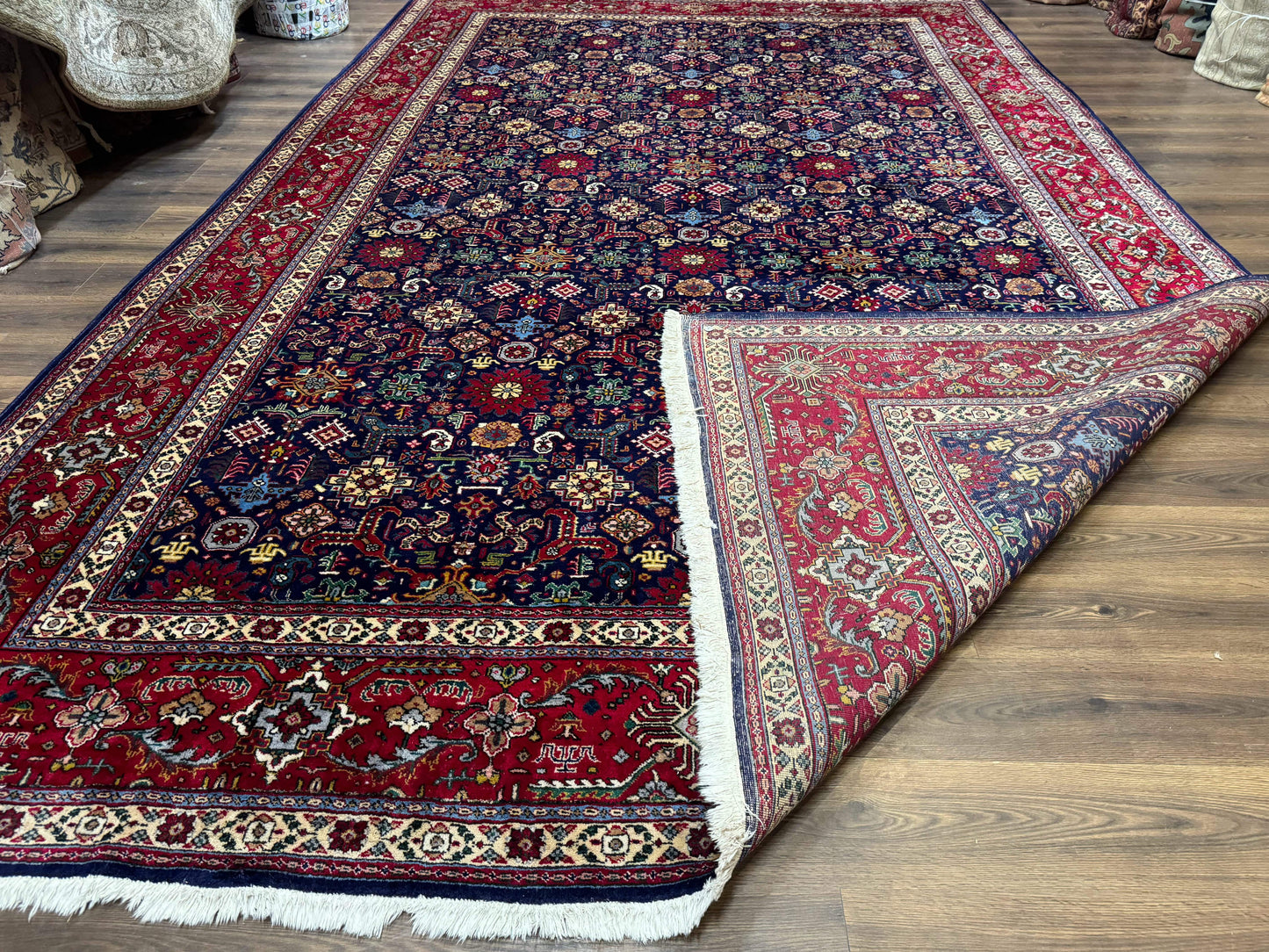 Large Persian Tabriz Rug 10x16, Navy Blue and Red, Allover Pattern, Vintage Hand Knotted Wool Carpet