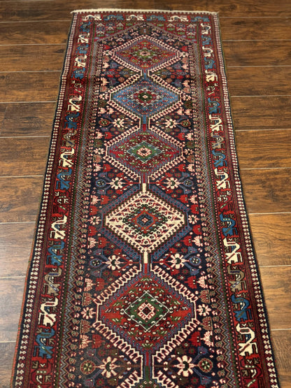 Persian Tribal Runner Rug 2.6 x 20 ft, Antique Persian Shiraz Carpet for Hallway, Colorful Navy Blue