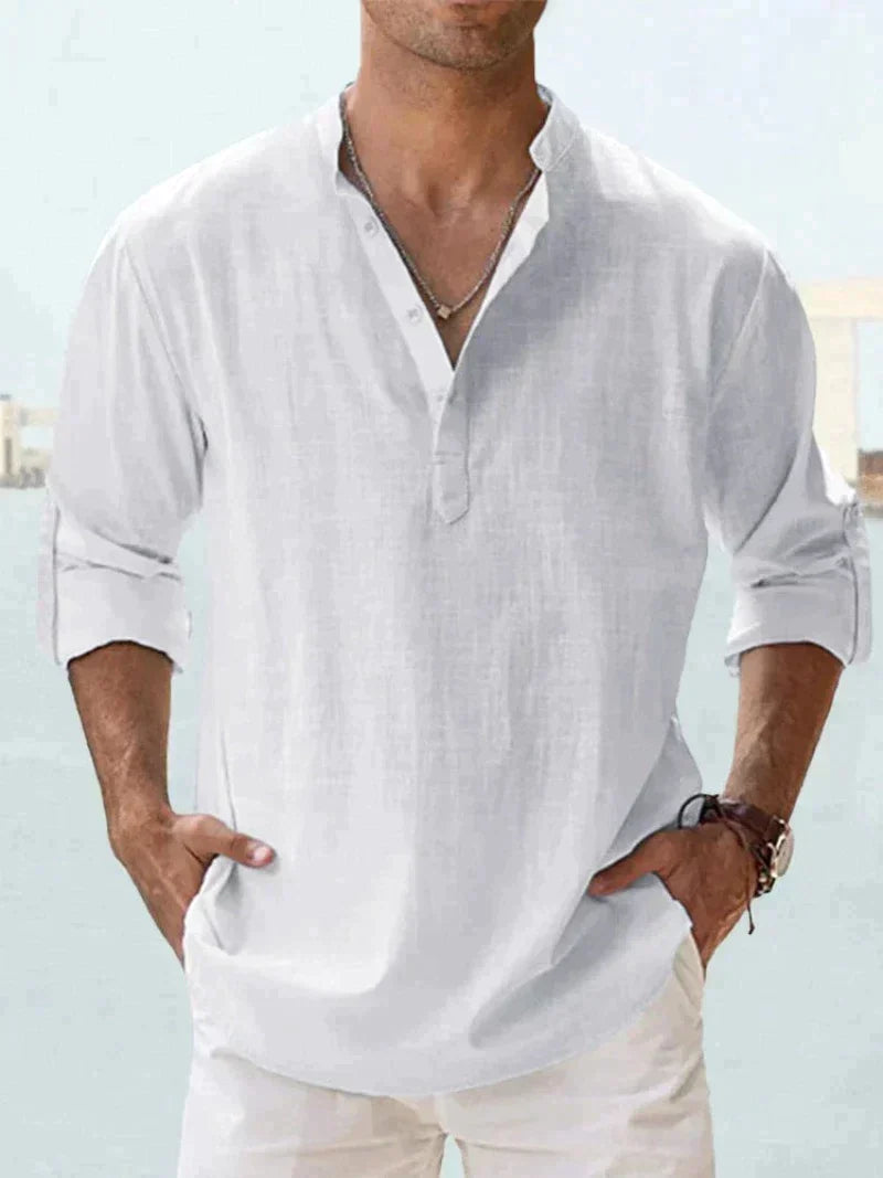 Collared V-Neck Linen Shirt