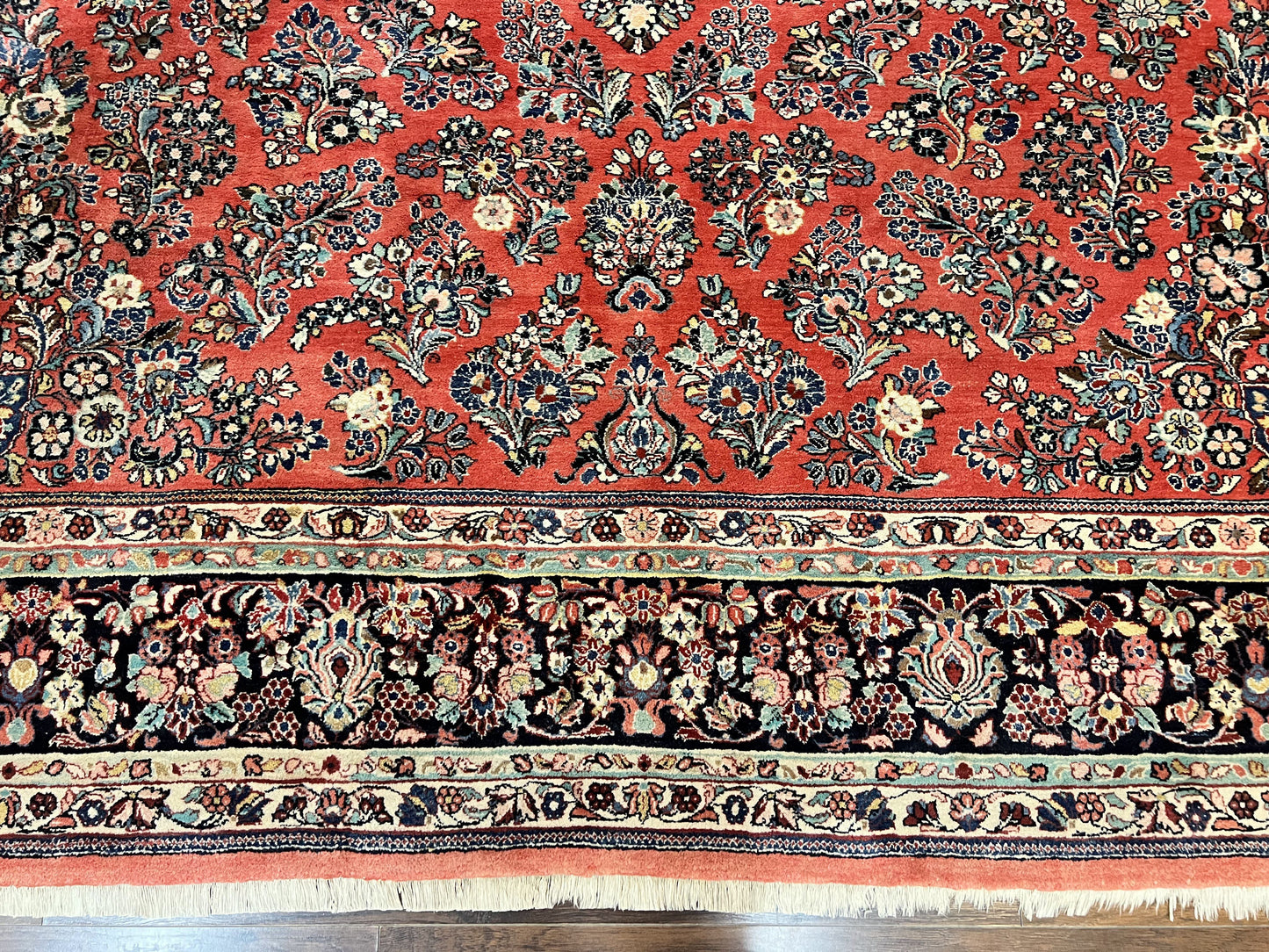 Square Persian Sarouk Rug 11x11 ft, Rare Size, Hand Knotted Wool Floral Allover Red Persian Carpet, Handmade Antique Rug