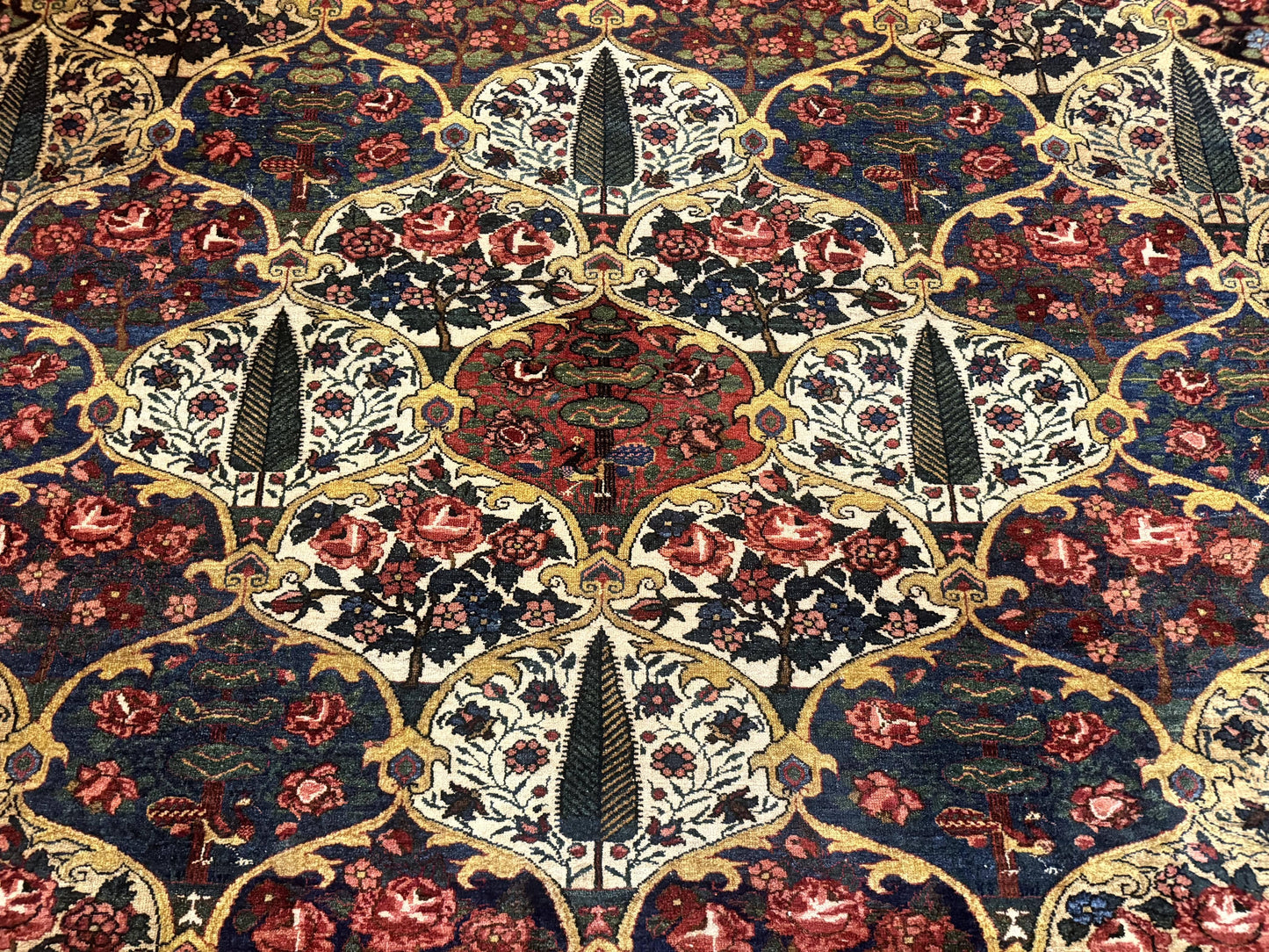 Antique Persian Bakhtiari Rug 12x19, Palace Size Wool Handmade Persian Carpet, Oversized Rug, Panel Design, Peacocks, Multicolor, Rare