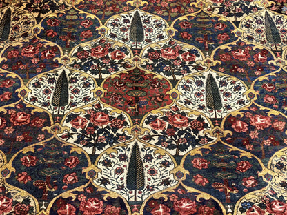 Antique Persian Bakhtiari Rug 12x19, Palace Size Wool Handmade Persian Carpet, Oversized Rug, Panel Design, Peacocks, Multicolor, Rare