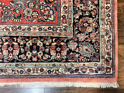Square Persian Sarouk Rug 11x11 ft, Rare Size, Hand Knotted Wool Floral Allover Red Persian Carpet, Handmade Antique Rug