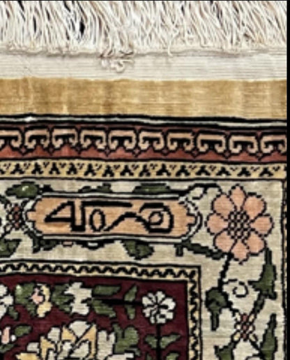 Wonderful Silk Turkish Hereke Prayer Rug 2.8 x 4.5, Tree of Life Design, Signature from Master Weaver, Gold and Burgundy, Handmade, 625 KPSI