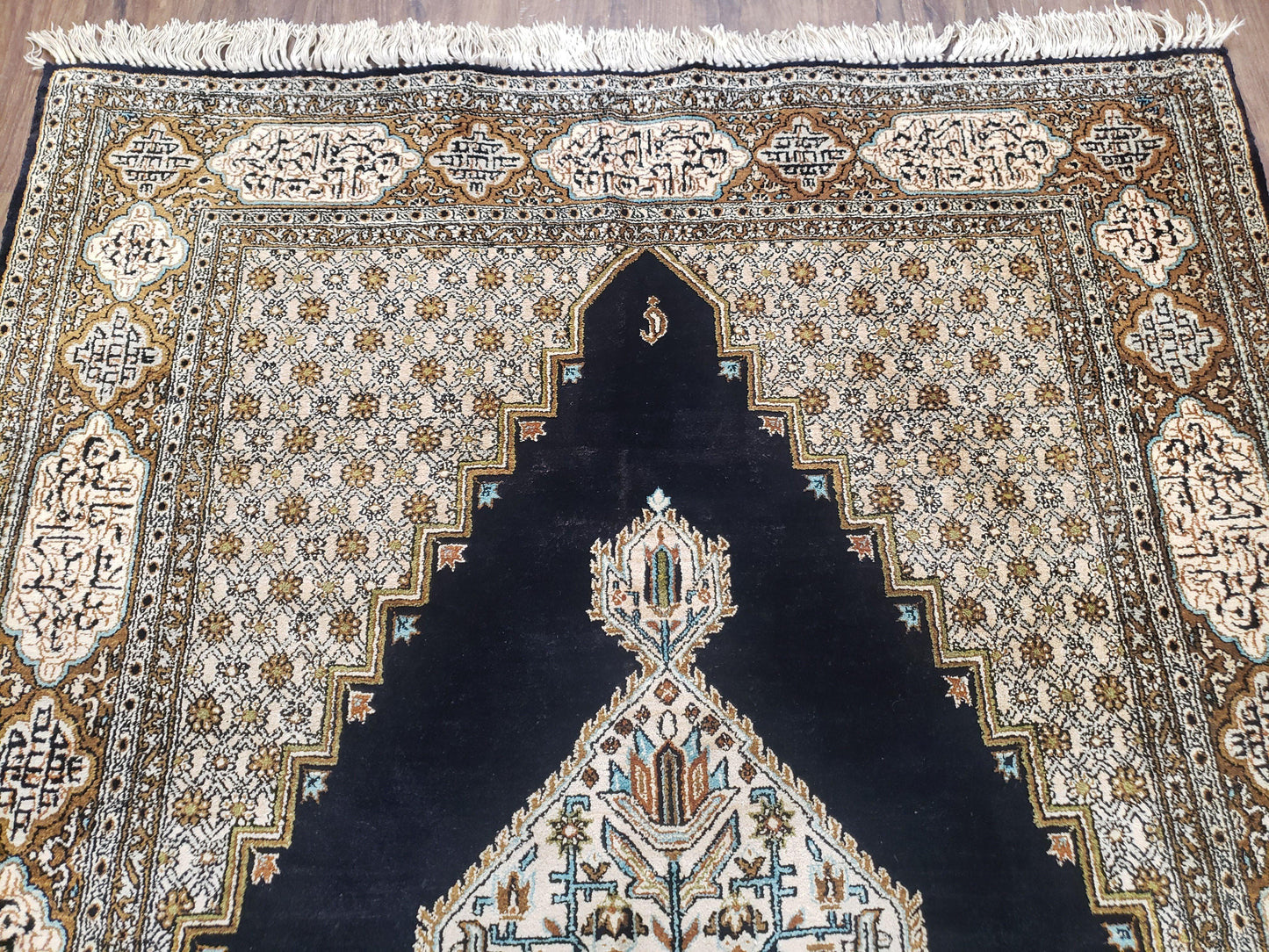 Persian Silk Qum Rug, Silk on Silk, Black Golden Brown and Beige, Hand-Knotted, 3'6" x 5' 5"