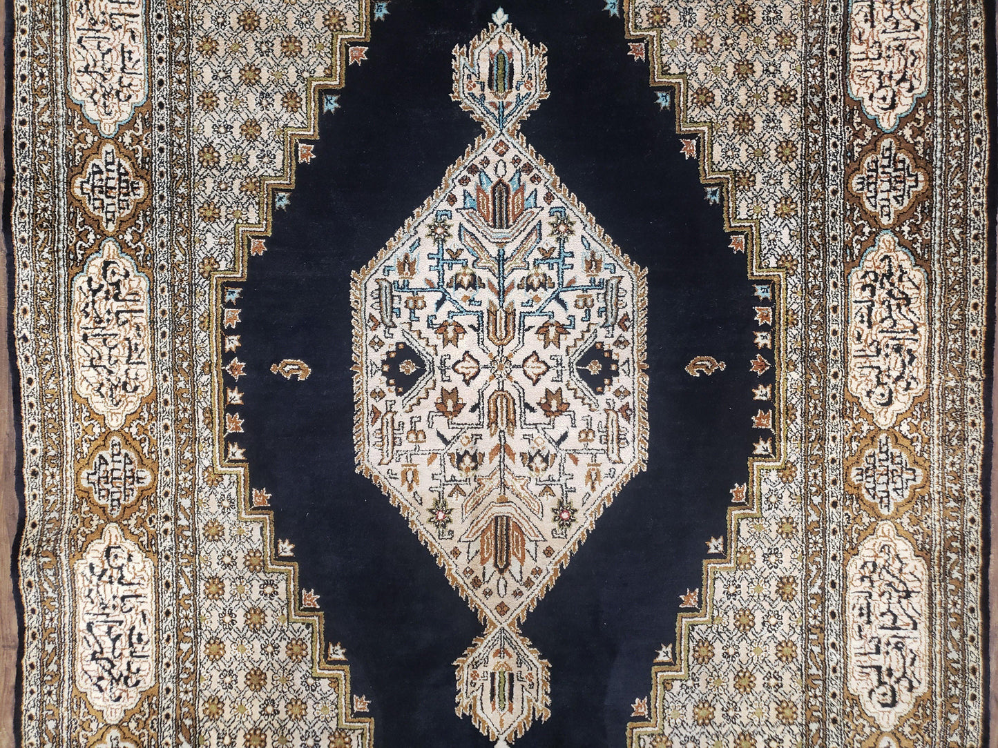 Persian Silk Qum Rug, Silk on Silk, Black Golden Brown and Beige, Hand-Knotted, 3'6" x 5' 5"