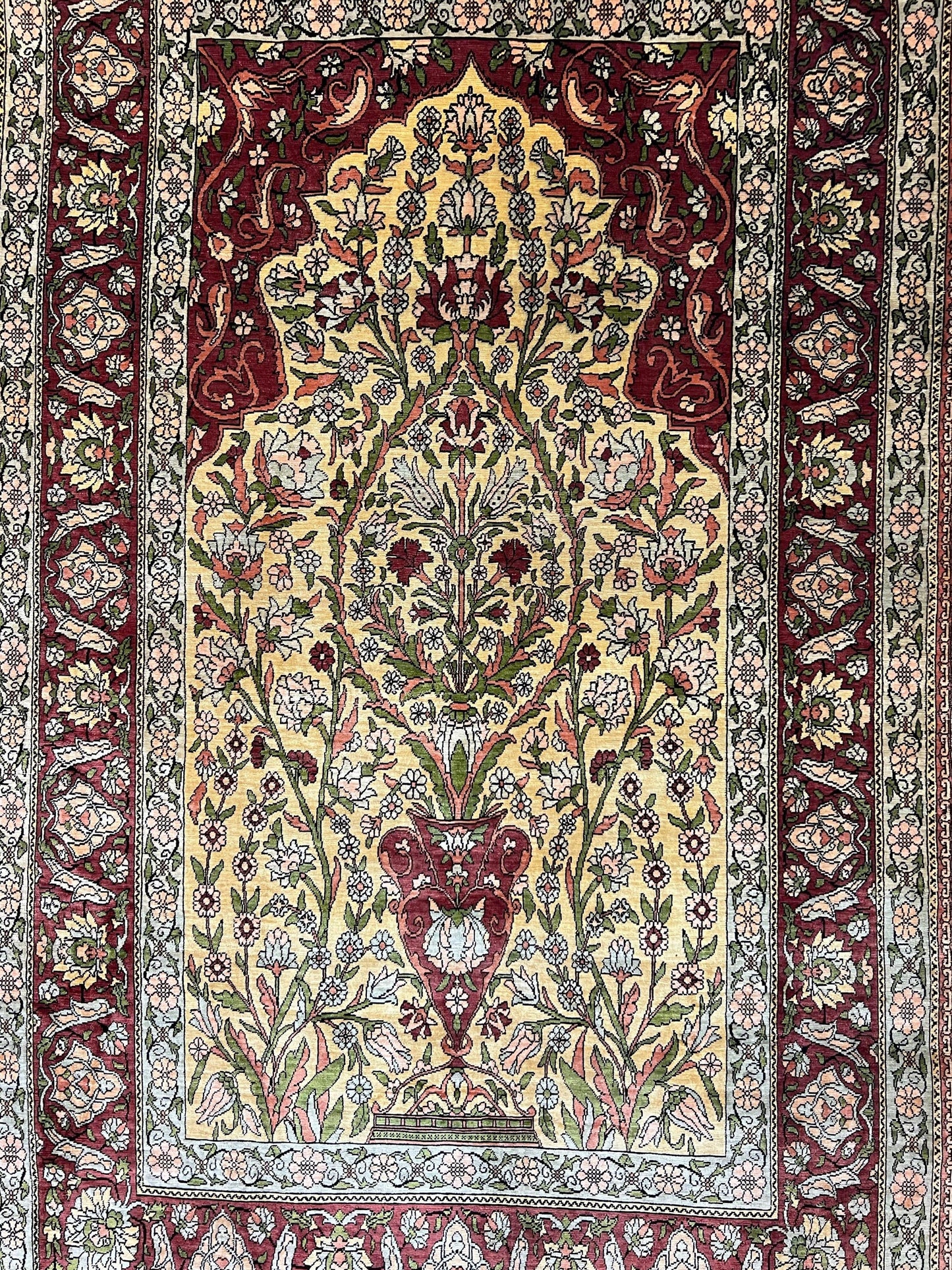 Wonderful Silk Turkish Hereke Prayer Rug 2.8 x 4.5, Tree of Life Design, Signature from Master Weaver, Gold and Burgundy, Handmade, 625 KPSI