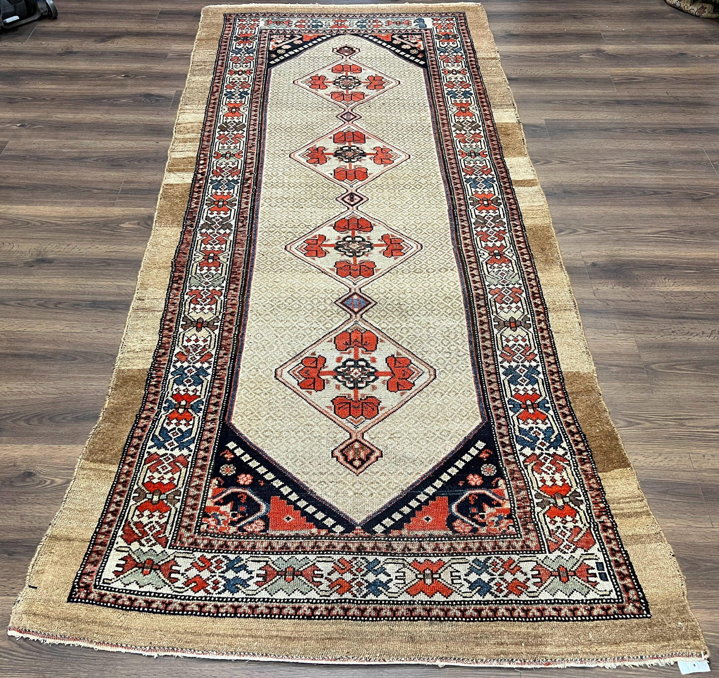 Rare Persian Sarab Tribal Runner Rug 4 x 10, Antique, Geometric Medallions, Camel Hair Runner