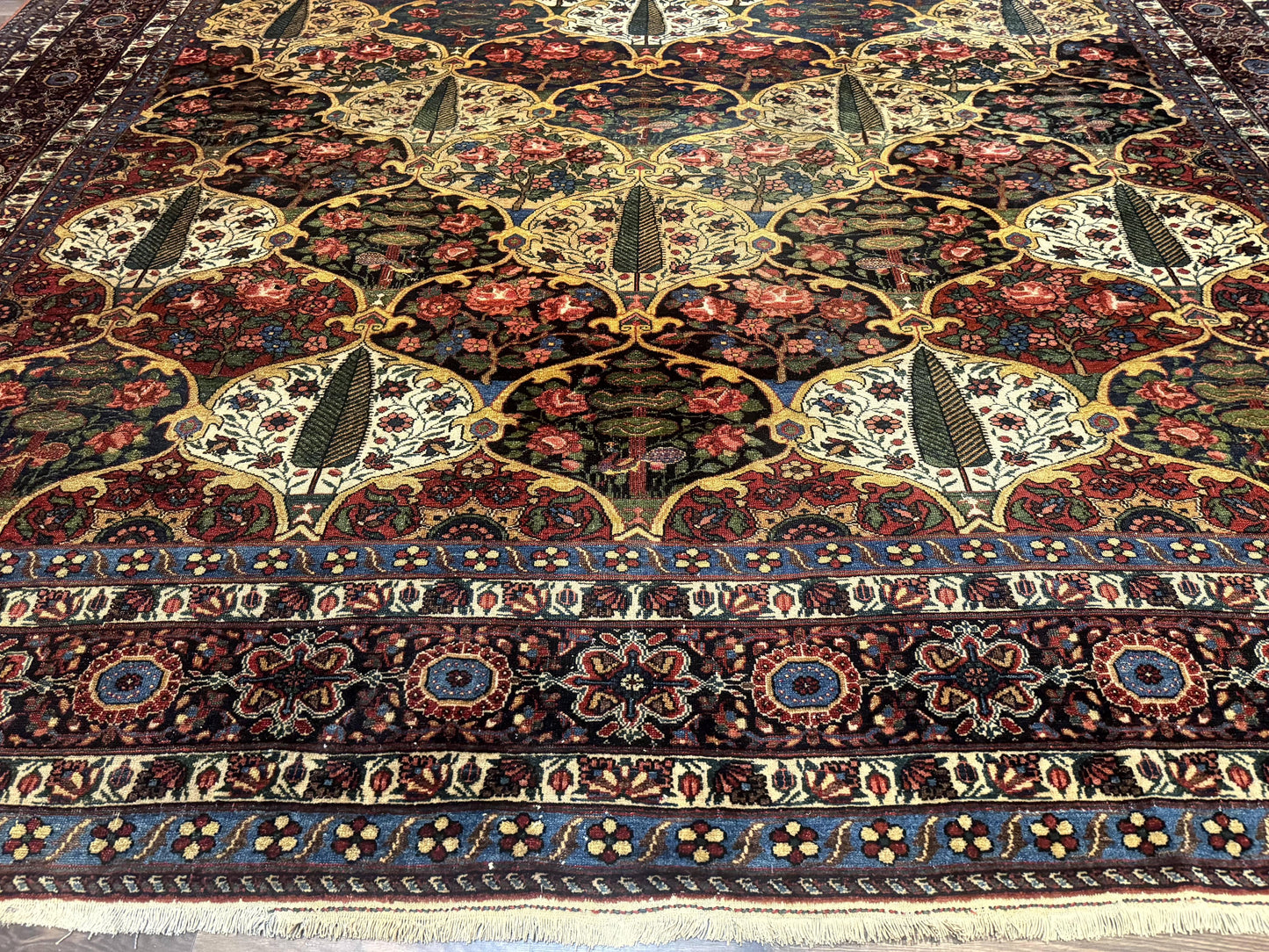 Antique Persian Bakhtiari Rug 12x19, Palace Size Wool Handmade Persian Carpet, Oversized Rug, Panel Design, Peacocks, Multicolor, Rare