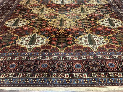 Antique Persian Bakhtiari Rug 12x19, Palace Size Wool Handmade Persian Carpet, Oversized Rug, Panel Design, Peacocks, Multicolor, Rare