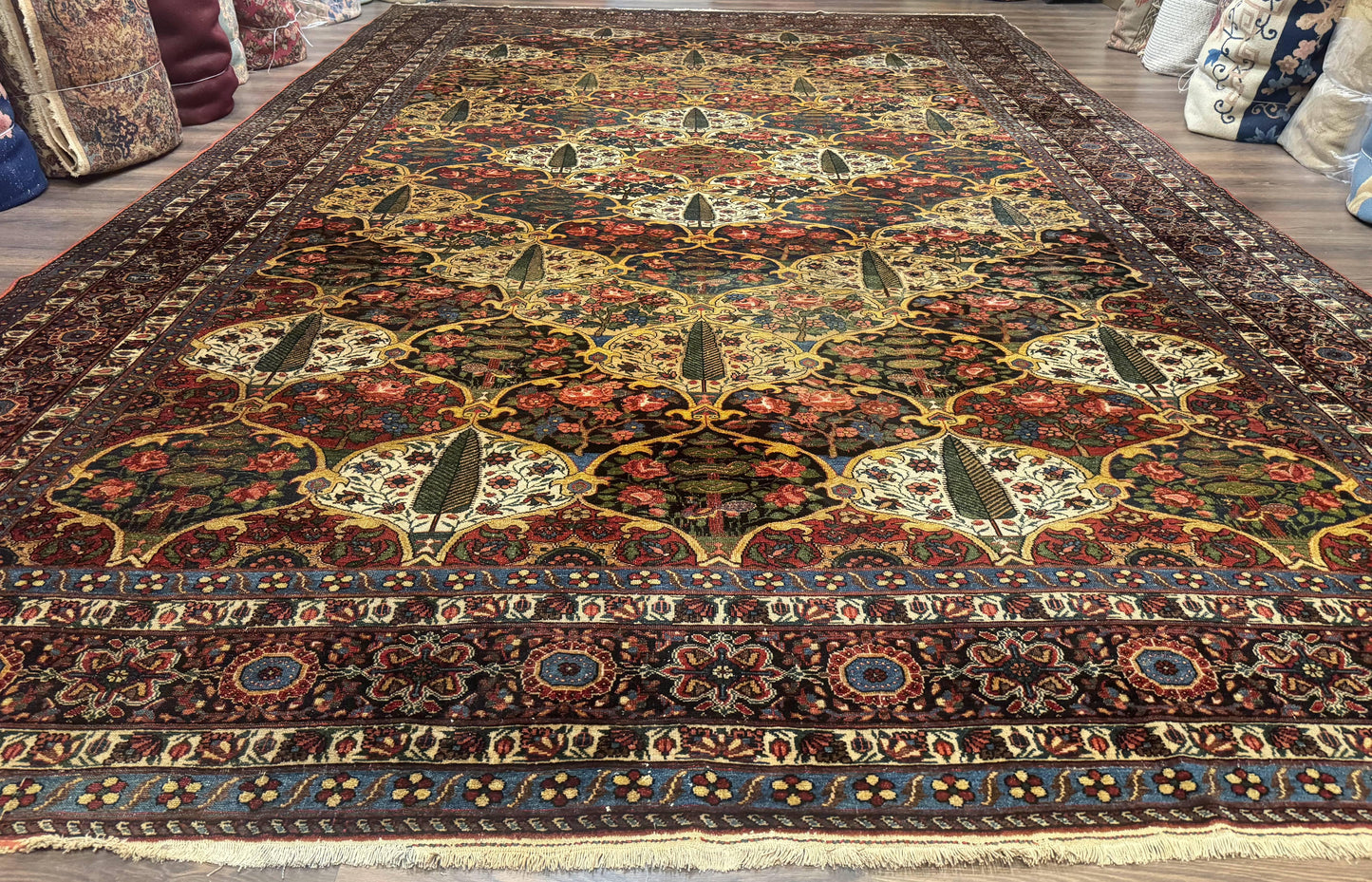 Antique Persian Bakhtiari Rug 12x19, Palace Size Wool Handmade Persian Carpet, Oversized Rug, Panel Design, Peacocks, Multicolor, Rare