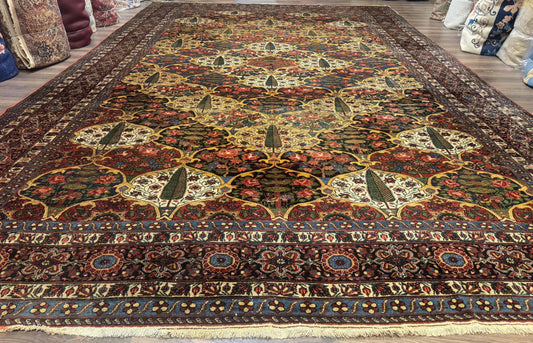 Antique Persian Bakhtiari Rug 12x19, Palace Size Wool Handmade Persian Carpet, Oversized Rug, Panel Design, Peacocks, Multicolor, Rare