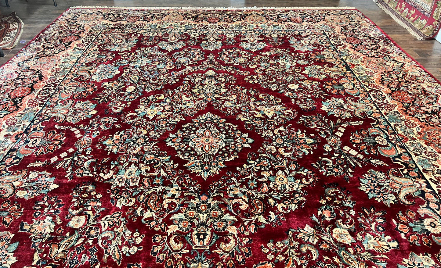 Persian Sarouk Rug 12x17, Wool Hand Knotted Antique Carpet, Dark Red, Traditional Floral Oriental Rug, 12 x 17 Extra Large Handmade Rug