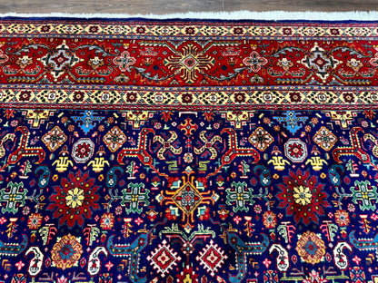 Large Persian Tabriz Rug 10x16, Navy Blue and Red, Allover Pattern, Vintage Hand Knotted Wool Carpet