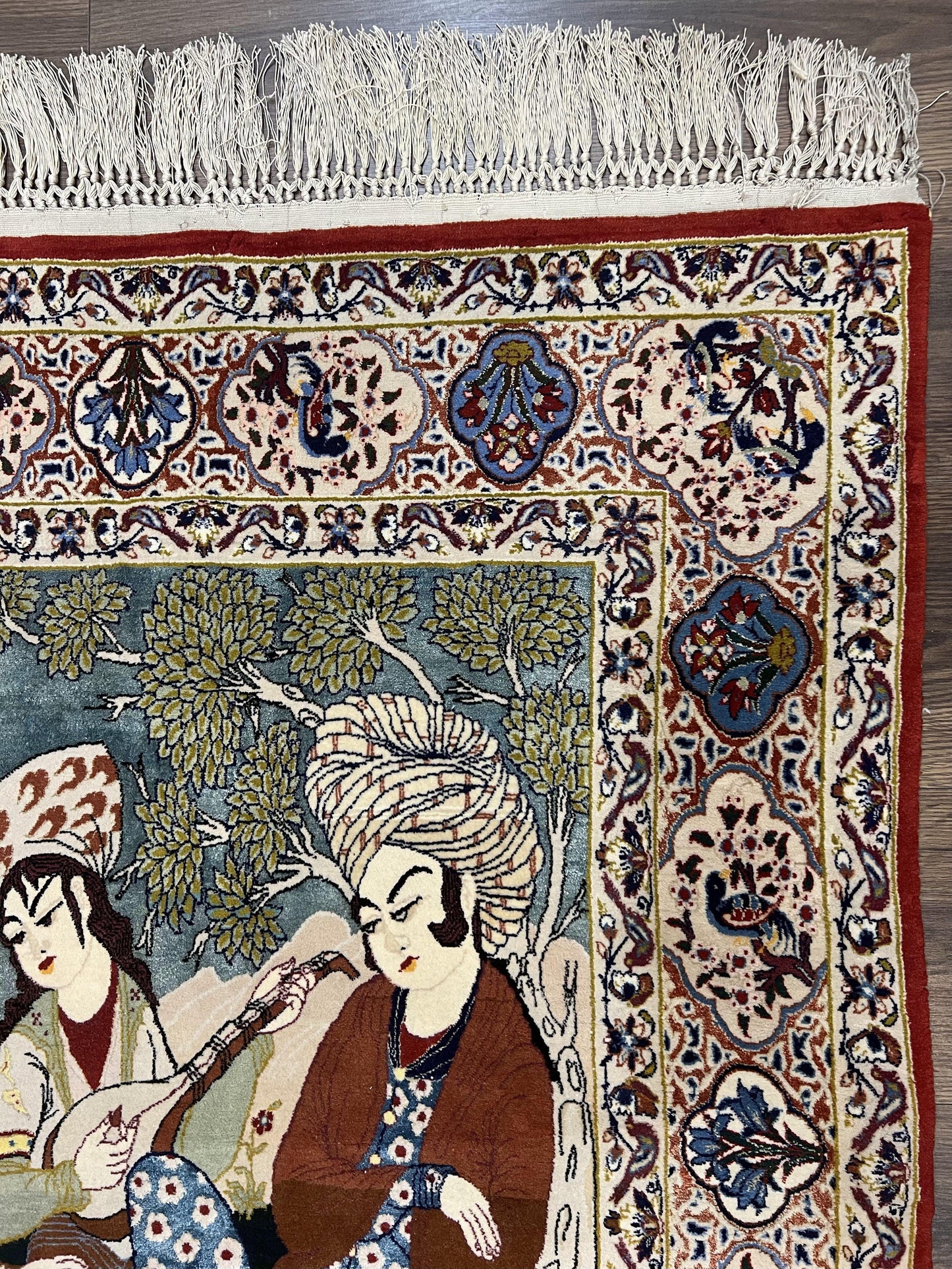 Persian Pictorial Rug 5 x 4 ft, Persian Isfahan Rug, Kork Wool on Silk Foundation, Signature from Master Weaver, Drums and Musical Instruments, Birds, Detailed