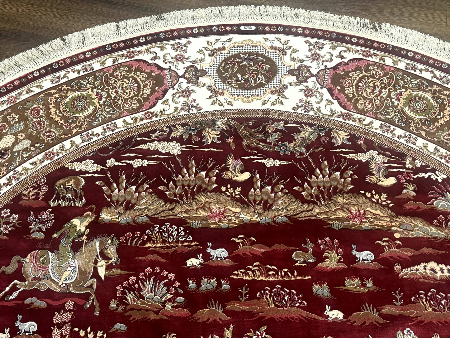 Large Round Turkish Silk Rug 8x8, Hunting Design, Dark Red & Ivory, Bamboo Silk