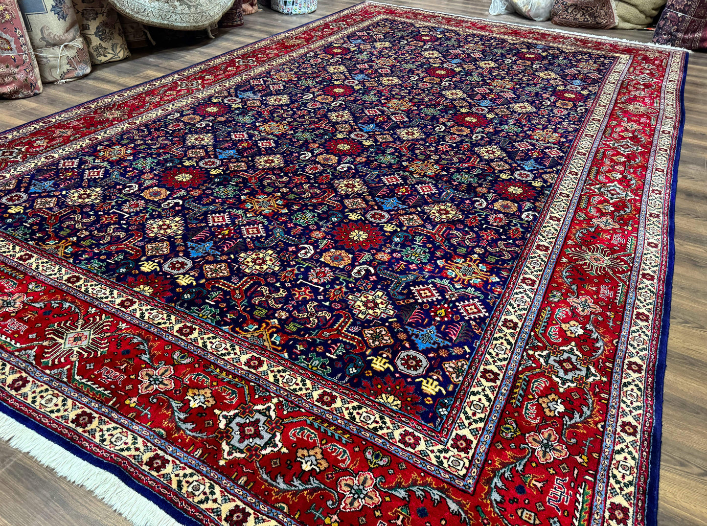 Large Persian Tabriz Rug 10x16, Navy Blue and Red, Allover Pattern, Vintage Hand Knotted Wool Carpet