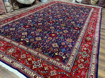 Large Persian Tabriz Rug 10x16, Navy Blue and Red, Allover Pattern, Vintage Hand Knotted Wool Carpet
