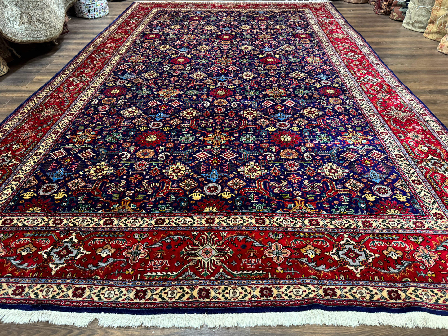 Large Persian Tabriz Rug 10x16, Navy Blue and Red, Allover Pattern, Vintage Hand Knotted Wool Carpet