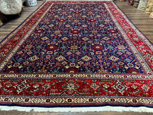 Large Persian Tabriz Rug 10x16, Navy Blue and Red, Allover Pattern, Vintage Hand Knotted Wool Carpet