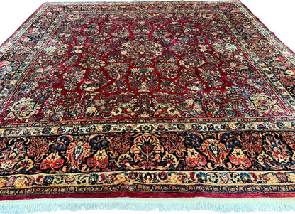 Persian Sarouk Rug 10x10, Square Persian Carpet, Red, Floral, Antique